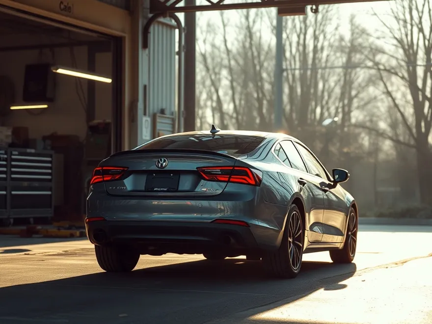 Car leaving a working garage on a bright dry morning